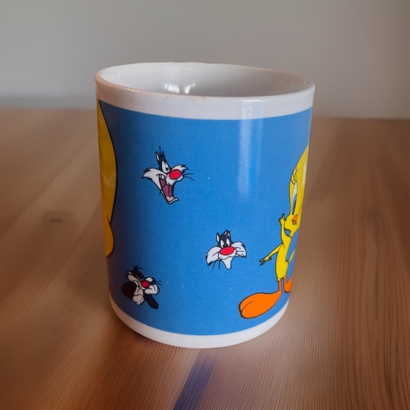 Vintage Mug Tweety Bird And Sylvester Gibson 90s 1998 Blue Yellow Looney Tunes - Picture 2 of 4